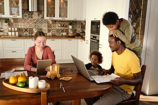 A family discussing college options together around a kitchen table, looking at financial aid brochures and a laptop, emphasizing collaboration in college funding strategy.