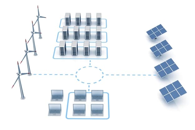A schematic diagram illustrating interconnected energy grids with renewable sources like solar and wind integrated, representing energy infrastructure modernization.