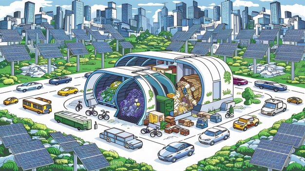 A detailed schematic showing interconnected smart city infrastructure, with green energy sources, electric vehicle charging stations, and high-speed broadband lines, illustrating technological integration.