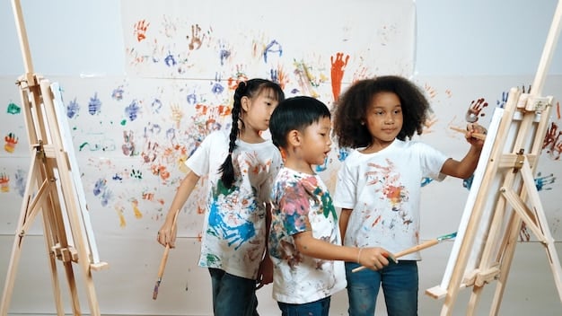 A diverse group of children participating in an art workshop, painting and laughing, with a supportive instructor guiding them, set in a brightly lit community center.