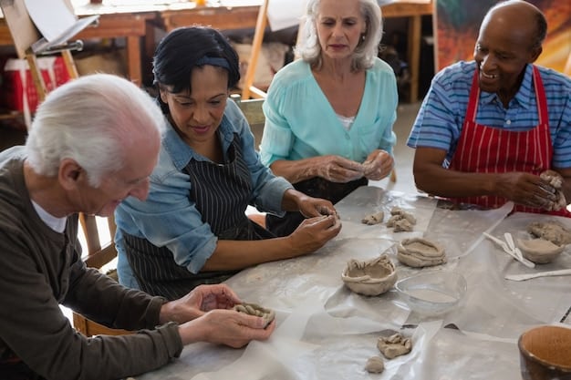 A diverse group of young adults and seniors participating in a pottery workshop at a community arts center, with vibrant handmade pieces displayed around them.