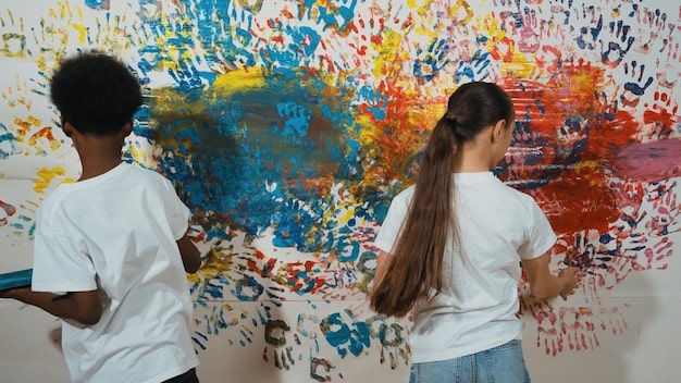 Children and teenagers painting a vibrant mural on a community wall, guided by a local artist, symbolizing collaborative art and engagement.