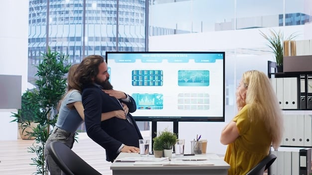 A sleek, modern office setting with a diverse team collaborating around a large monitor displaying complex AI algorithms and data visualizations.
