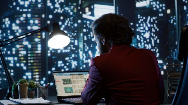 A cybersecurity analyst working in a dimly lit server room, multiple screens displaying complex code and network diagrams, illustrating active threat detection.